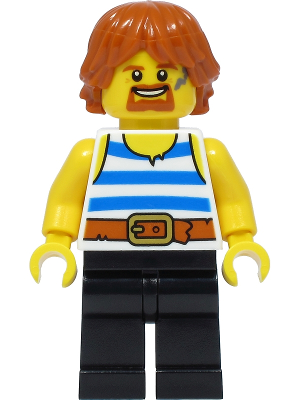 Lego Blacksmith - White Tank Top with Blue Stripes, Black Legs, Dark Orange Hair Minifigure (cas556)