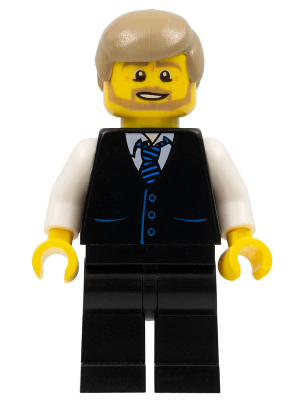 Lego Black Vest with Blue Striped Tie, Black Legs, White Arms, Dark Tan Male Hair, Dark Tan Beard Minifigure (cty0705)