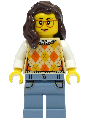 Lego Passenger - Female, Tan Knit Argyle Sweater Vest, Sand Blue Legs with Pockets, Dark Brown Hair, Glasses Minifigure (cty1492)
