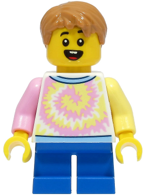 Lego Boy - White Shirt with Swirl, Blue Short Legs, Medium Nougat Hair Minifigure (cty1493)