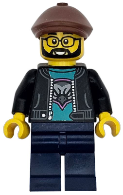 Lego Race Truck Driver - Male, Black Jacket over Dark Turquoise Shirt with Hawk Head Logo, Dark Blue Legs, Reddish Brown Flat Cap, Beard, Glasses Minifigure (cty1743)
