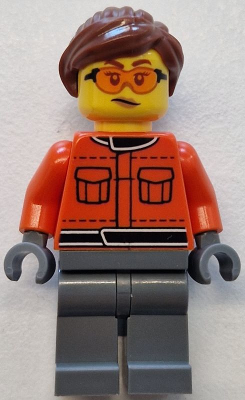 Lego Formula 1 Race Crew Member - Female, Reddish Orange Racing Suit with Pockets, Dark Bluish Gray Legs, Reddish Brown Hair, Safety Glasses Minifigure (cty1841)