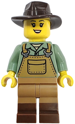 Lego Mine Cart Driver - Female, Medium Nougat Overalls over Sand Green Shirt, Reddish Brown Boots, Dark Brown Fedora Minifigure (fst057)