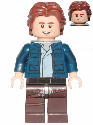Lego Han Solo, Dark Brown Legs with Holster Pattern, Dark Blue Jacket, Wavy Hair, Smile / Frown Minifigure (sw1021)